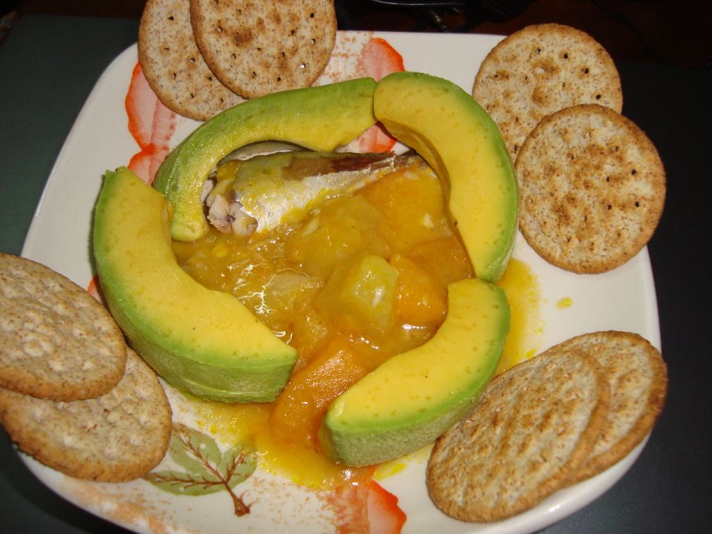 Pumpkin and Christophene(Chayote) with fish, avocado and crackers