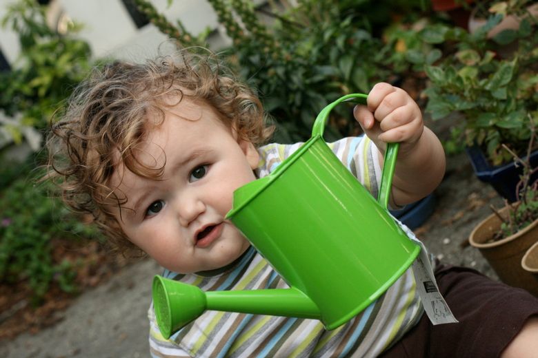 baby toddler boy helping water garden with a green watering can
