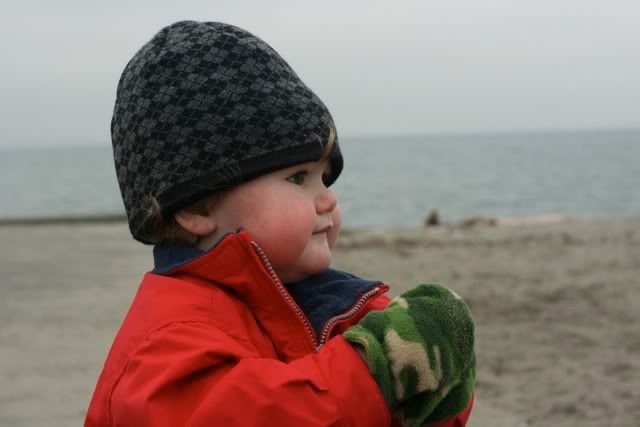 toddler boy in winter hat and mittens on the beach