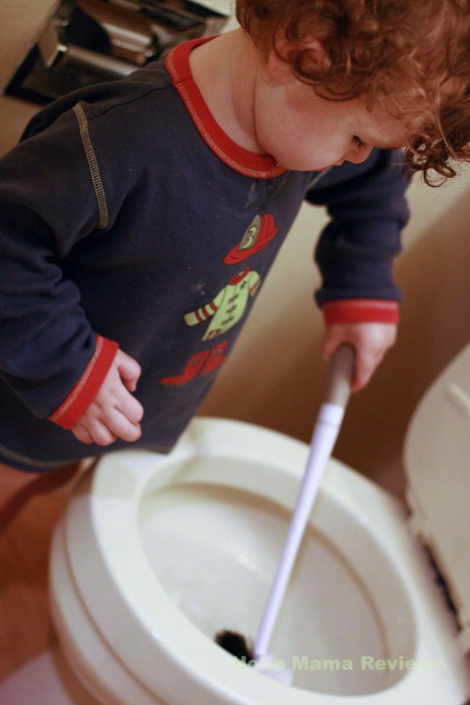 toddler cleaning the toilet