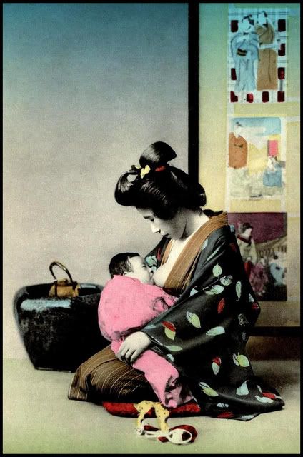 Old Japan Meiji Mother and Baby Breastfeeding