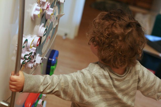 toddler making fries - 7 opening fridge