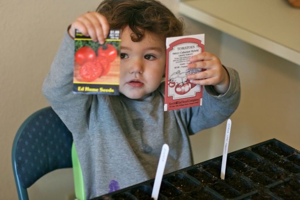 2 child displaying tomato seed packets