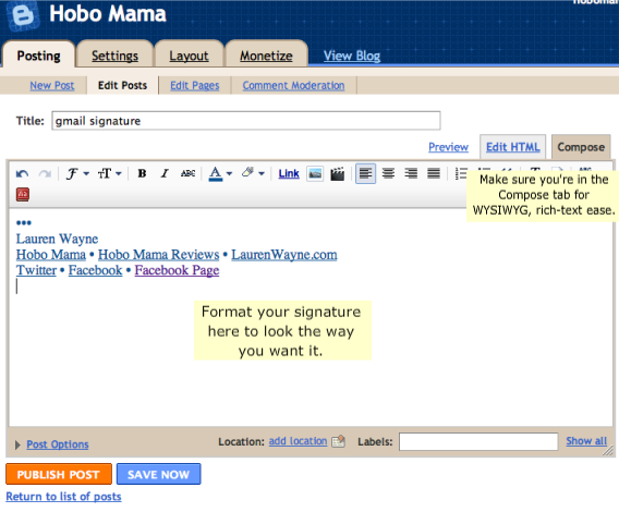 Create html email signature in Blogger