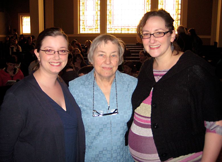 Amy of Anktangle and Lauren of Hobo Mama with Penny Simkin at Ina May Gaskin in Town Hall Seattle