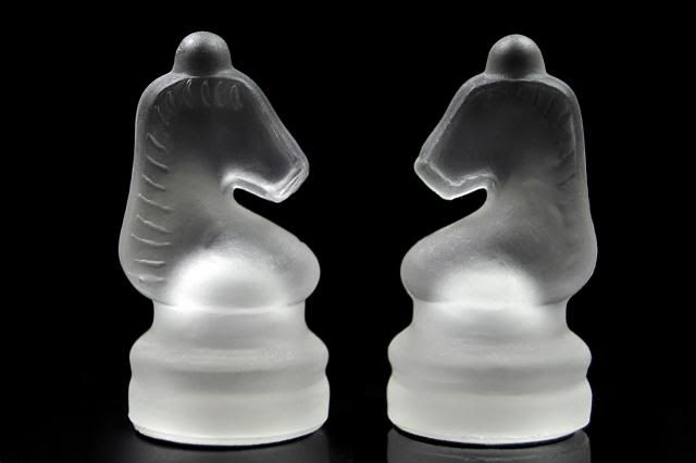 two glass knight chess pieces