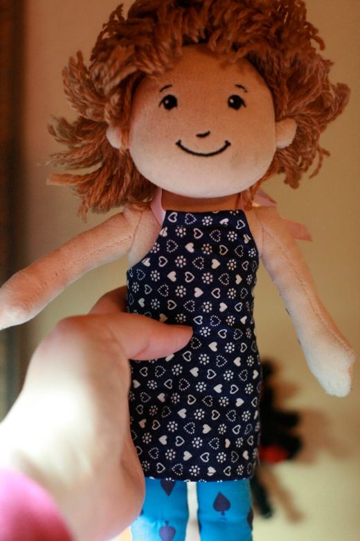 Sew-simple doll clothes: Halter dress ~~ Hobo Mama finished dress on doll — doll clothes craft tutorial