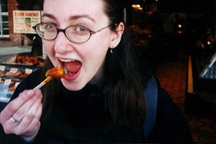 eating currywurst at an Imbiss in Germany