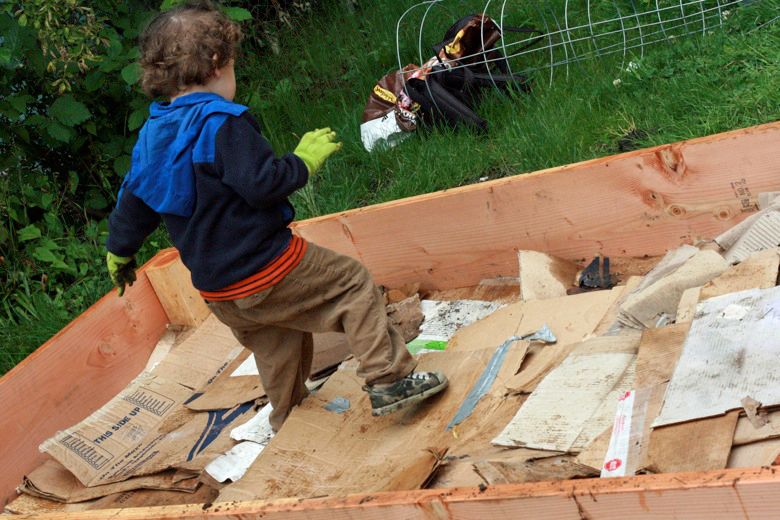 stomping cardboard for mulch in the raised garden bed