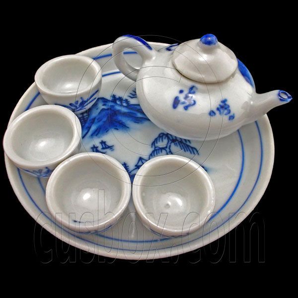 Porcelain Blue Floral Chinese Tea Set 1/6 Barbie Blythe Dollhouse