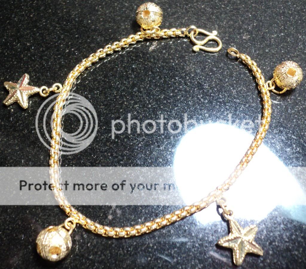 BALL * STAR FISH CHARMS REAL 24K GOLD PLATED BRACELET   6 1/2 LONG