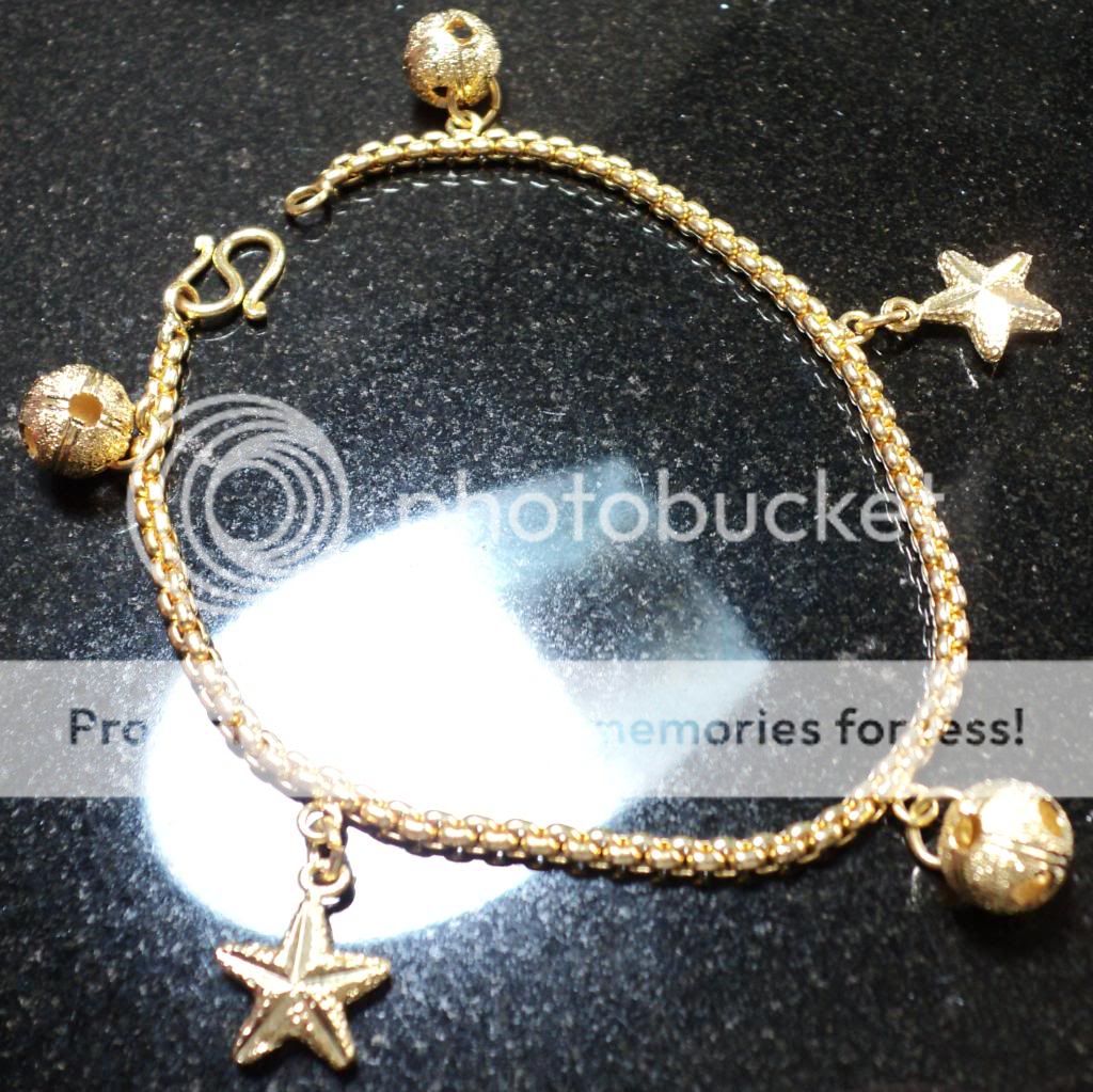 BALL * STAR FISH CHARMS REAL 24K GOLD PLATED BRACELET   6 1/2 LONG